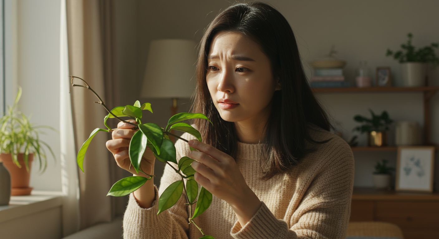 햇빛이 들어오는 아파트에서 호야 리네아리스의 쭈글쭈글한 잎을 걱정스럽게 바라보는 여성