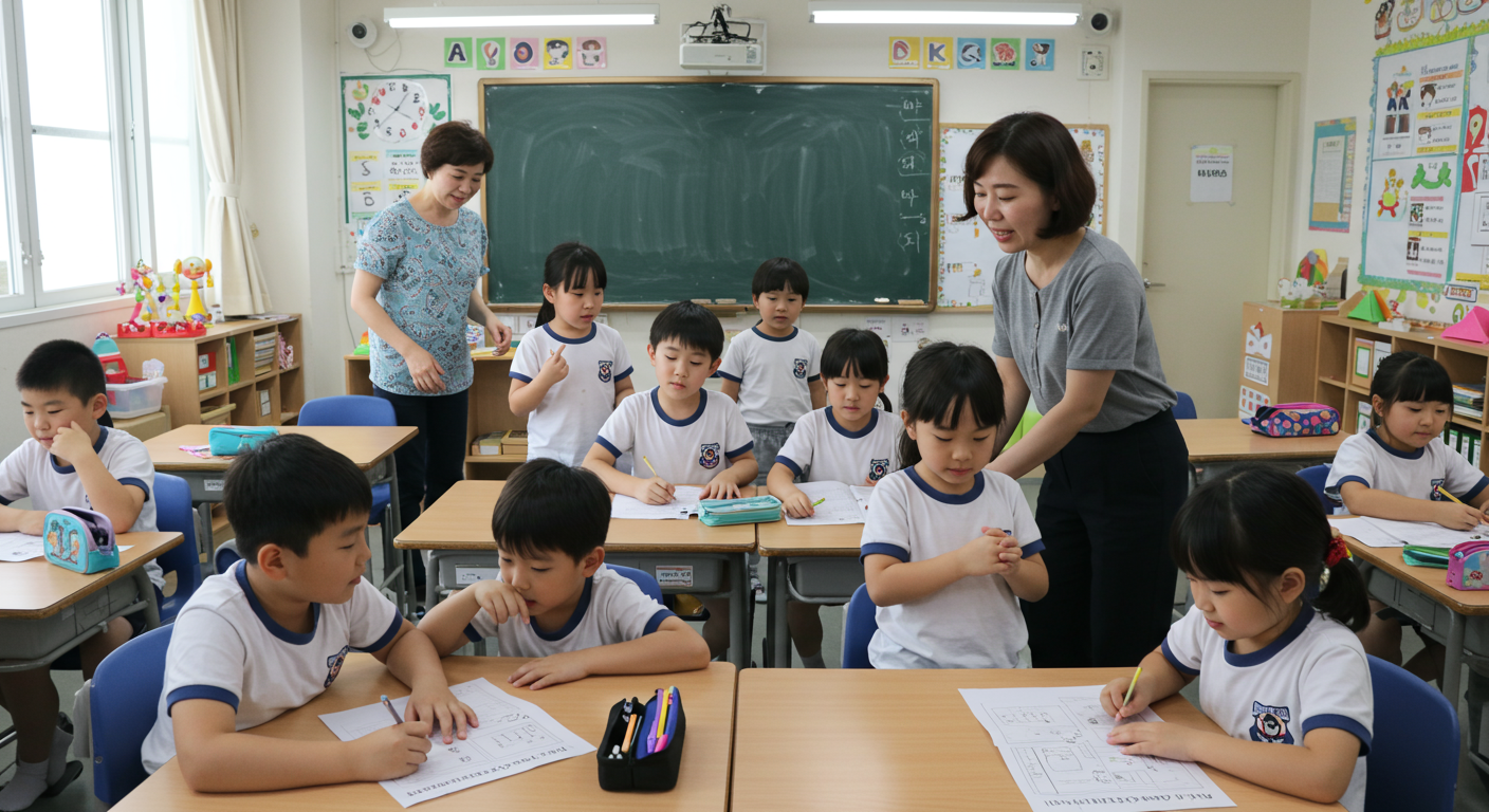 교실에서 친구들과 상호작용하는 한국의 언어발달지체 아동들