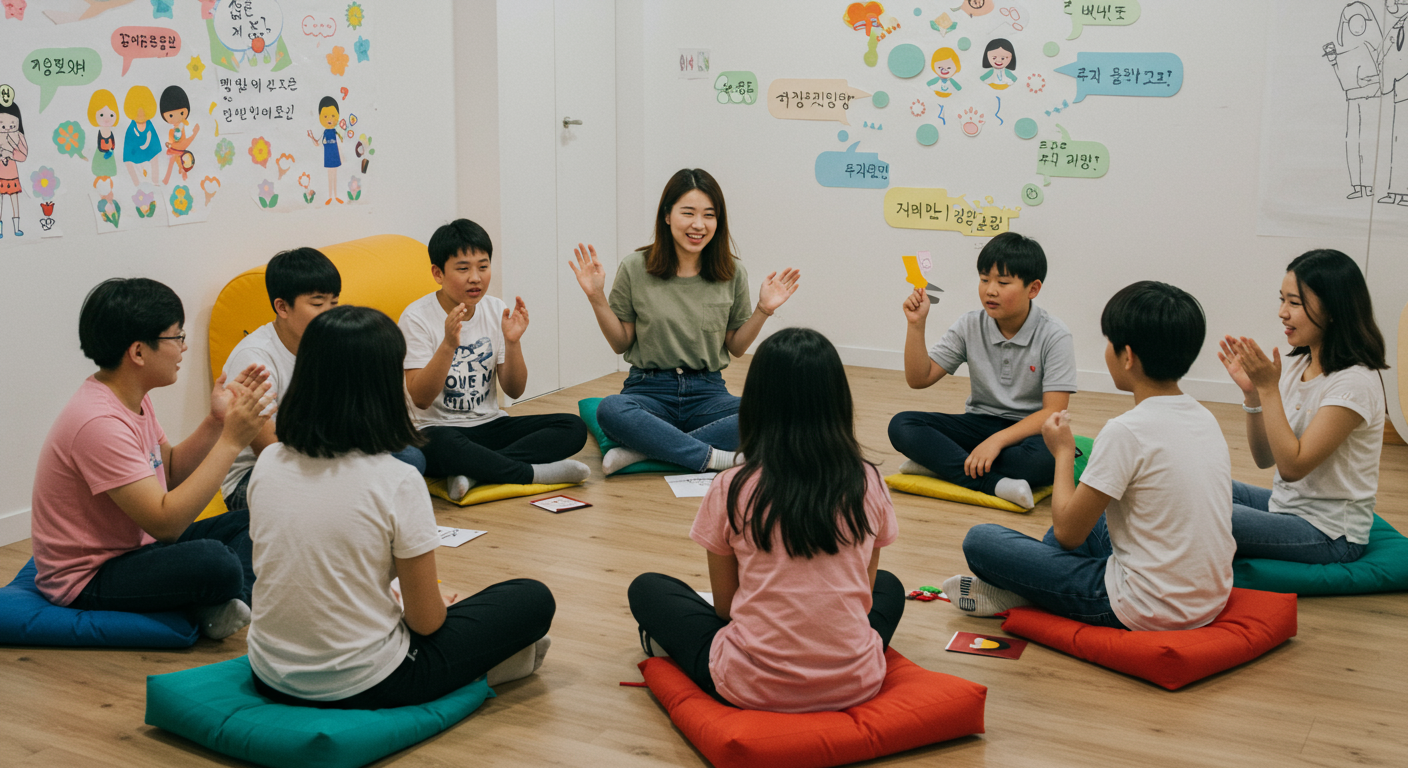 한국 아동들이 참여하는 그룹 치료 세션