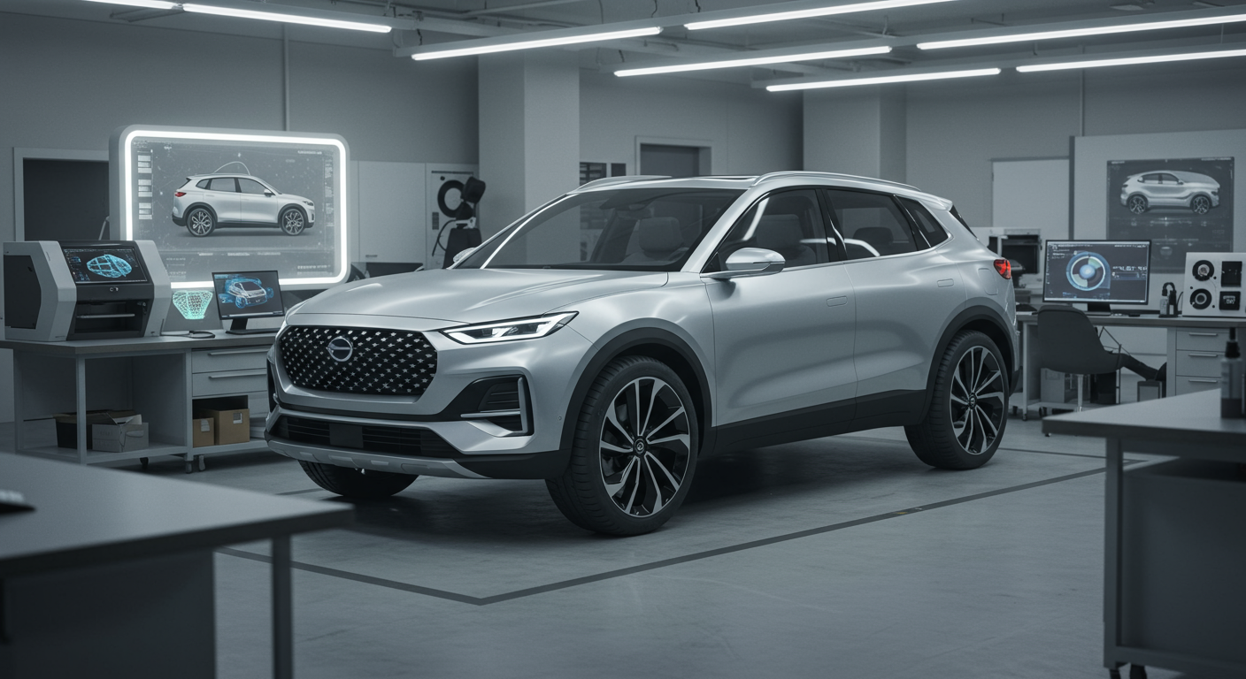 디자인 스튜디오에서 미래지향적인 컴팩트 SUV 컨셉 디자인과 첨단 장비들