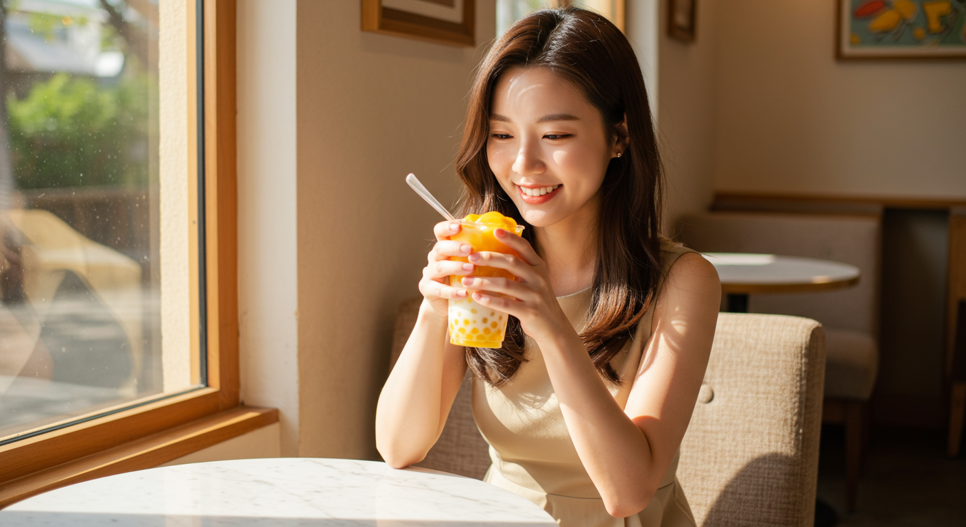 여름 햇살이 드리운 카페에서 망고 요구르트 음료를 즐기는 여성
