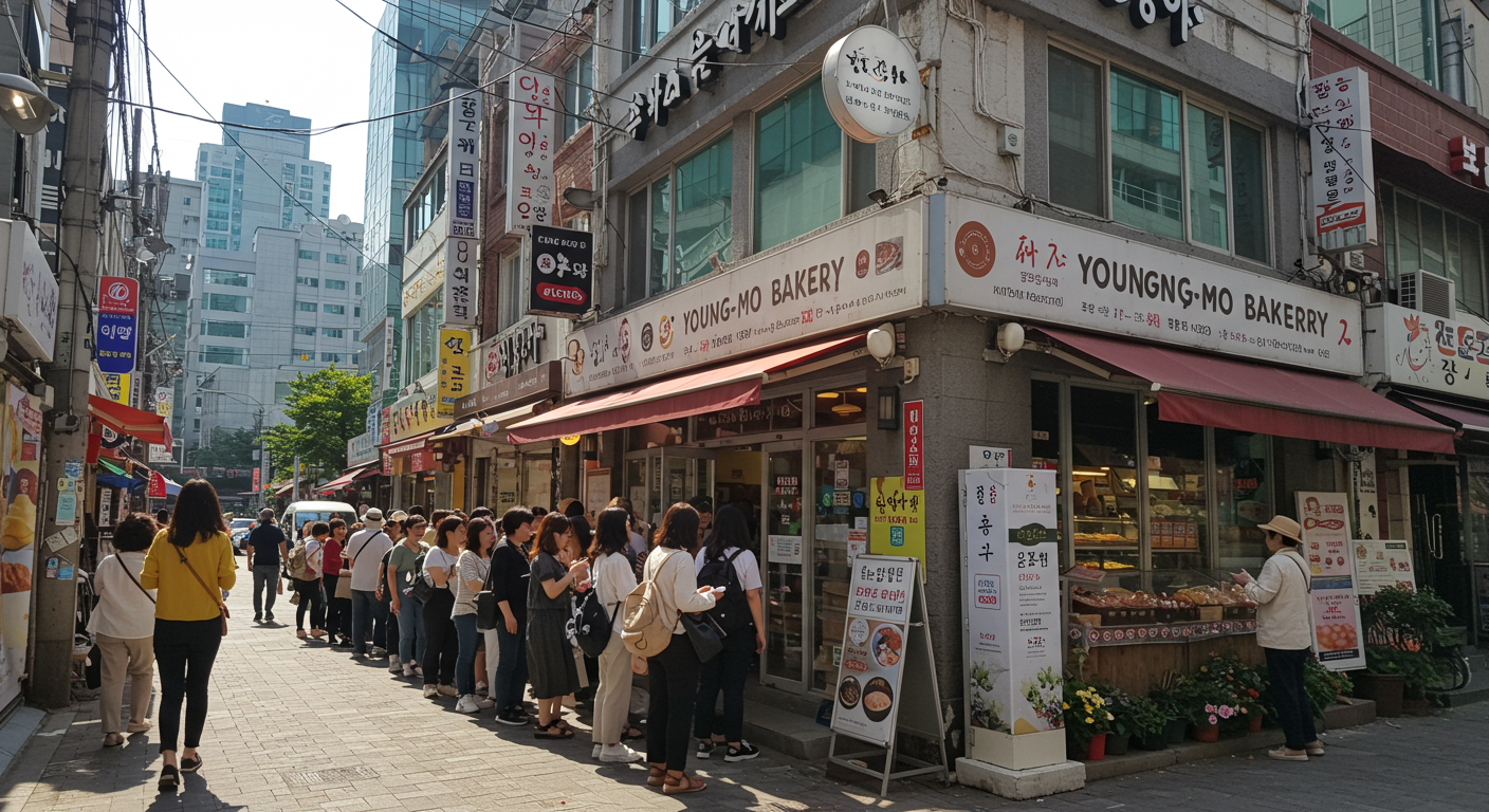 사람들이 줄 서 있는 김영모 제과점 앞의 활기찬 서울 거리 풍경