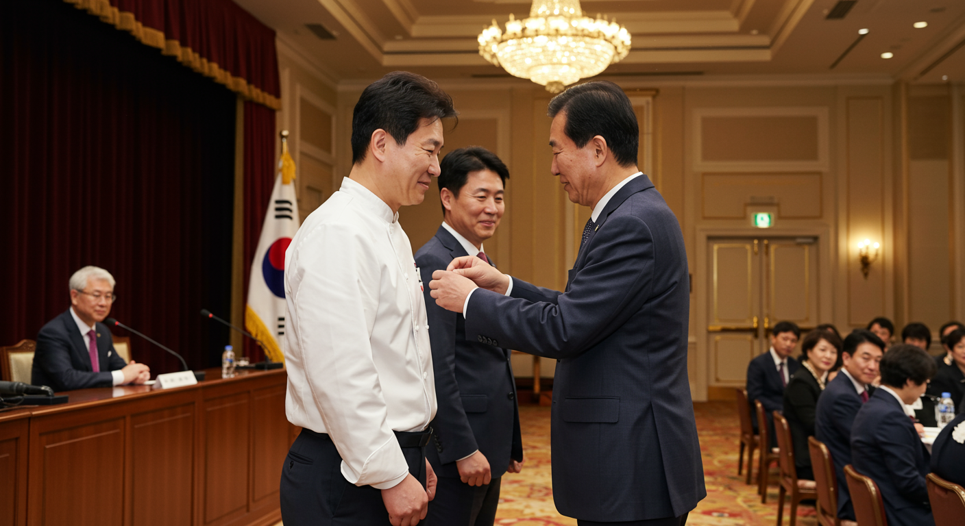 정부 관계자로부터 제빵 우수성 훈장을 수여받는 김영모 명장