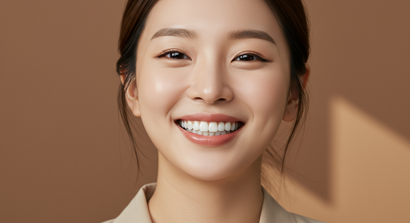 자연스럽고 자신감 넘치는 미소를 짓는 한국 여성의 완벽한 치아 모습