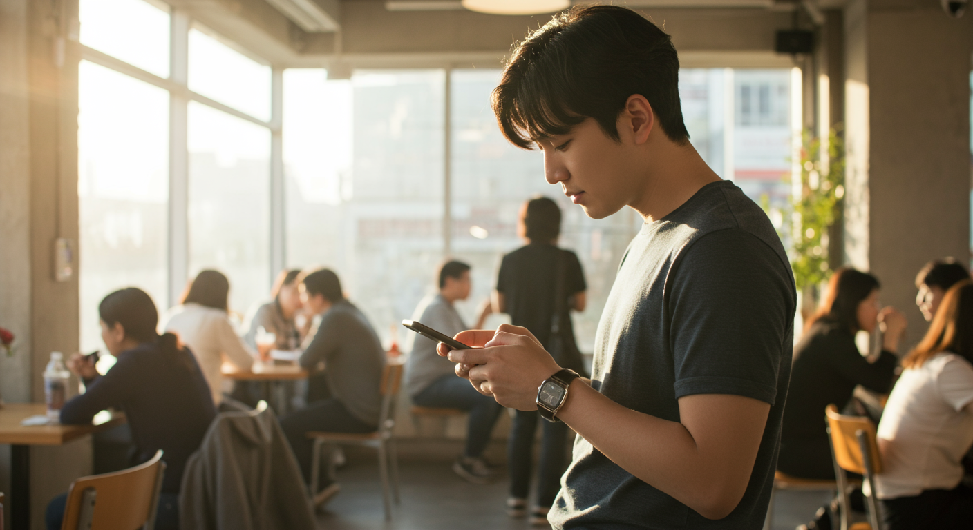 카페에서 스마트폰으로 SNS 트렌드를 확인하는 현대 남성의 모습