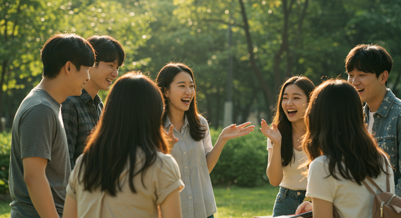 공원에서 새로운 사회적 트렌드를 토론하는 젊은이들