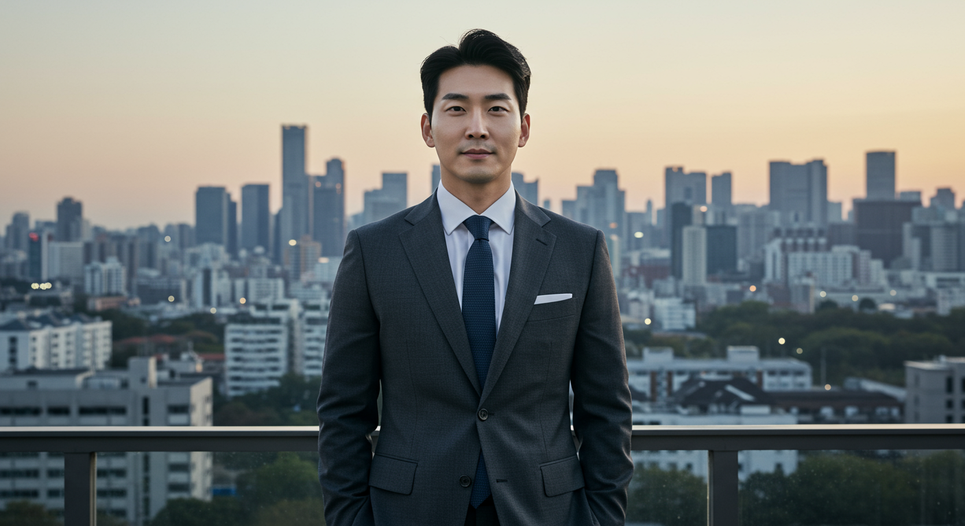 도시 전경 앞에서 자신감 있는 표정의 한국 비즈니스맨