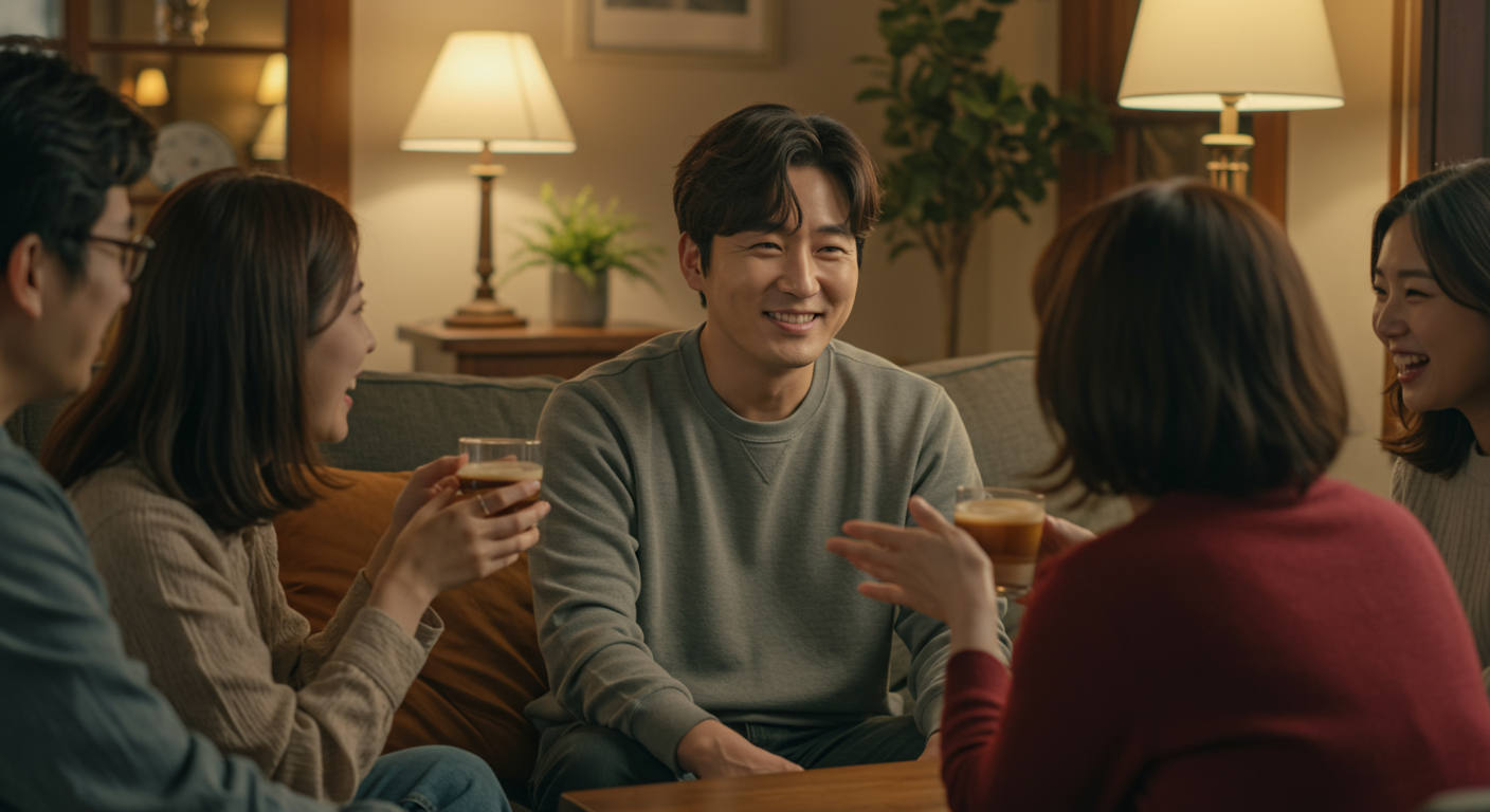 아늑한 실내에서 친구들과 따뜻하게 교류하는 부드러운 인상의 남성