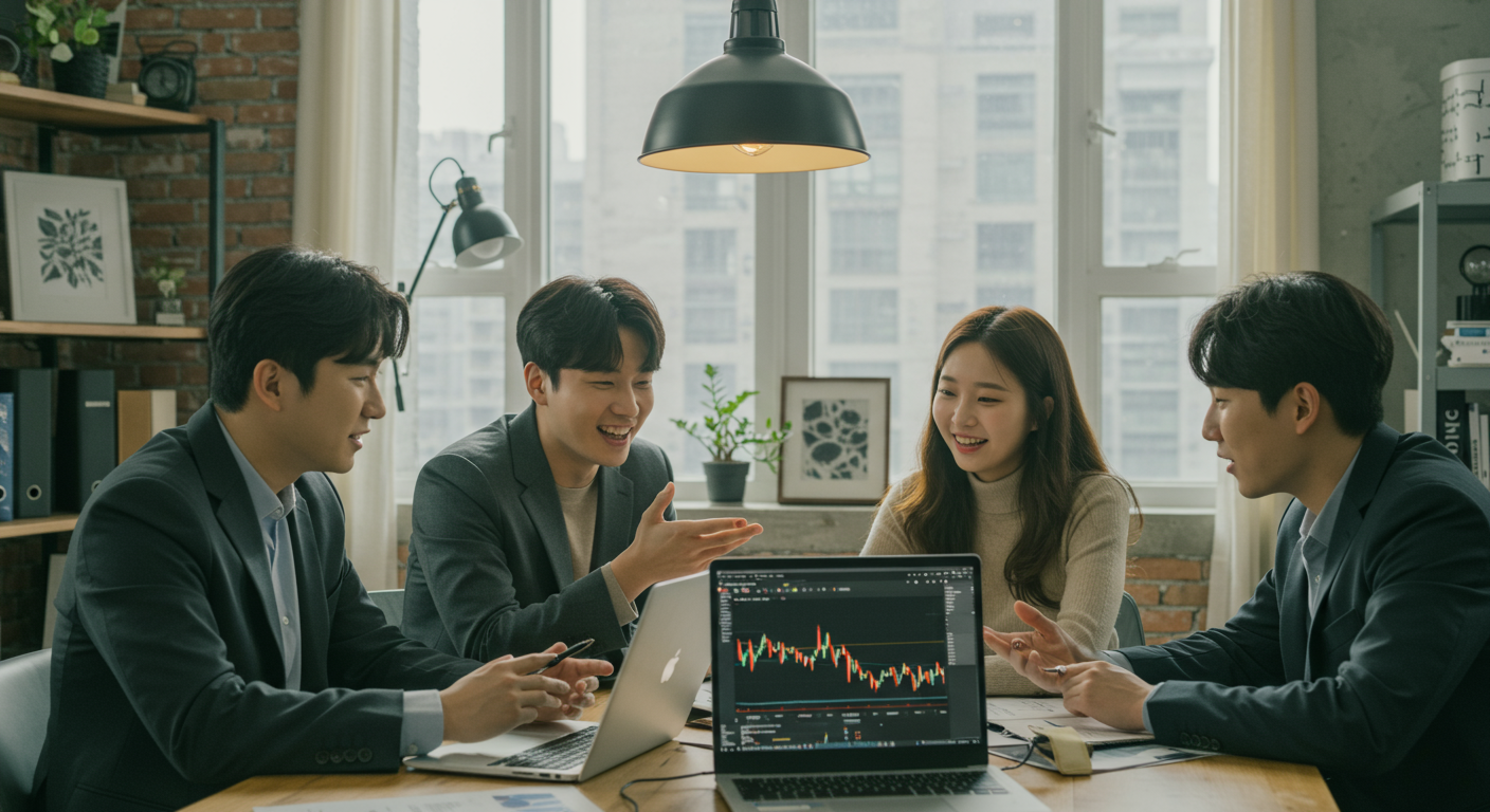 현대적인 코워킹 공간에서 젊은 투자자들이 금 가격 하락을 논의하는 모습