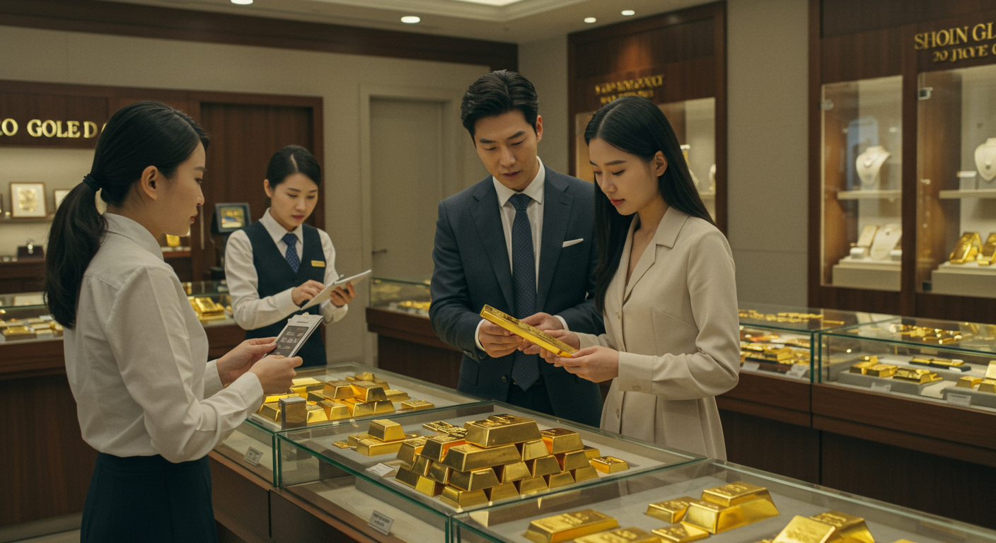 세련된 보석상에서 다양한 구매 옵션을 비교 중인 커플의 모습