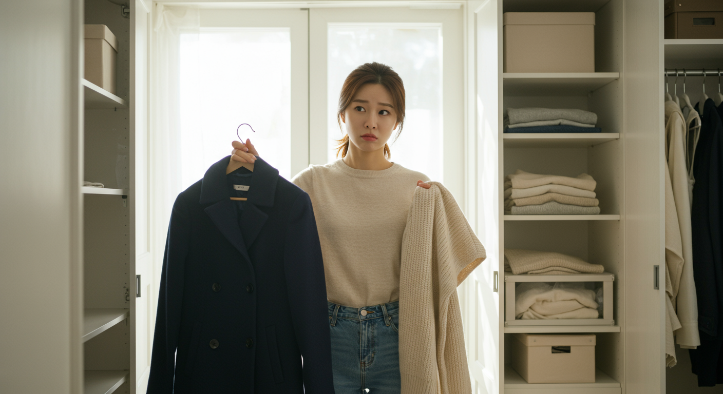 아침 햇살이 비치는 방에서 코트와 얇은 스웨터를 들고 있는 여성의 모습