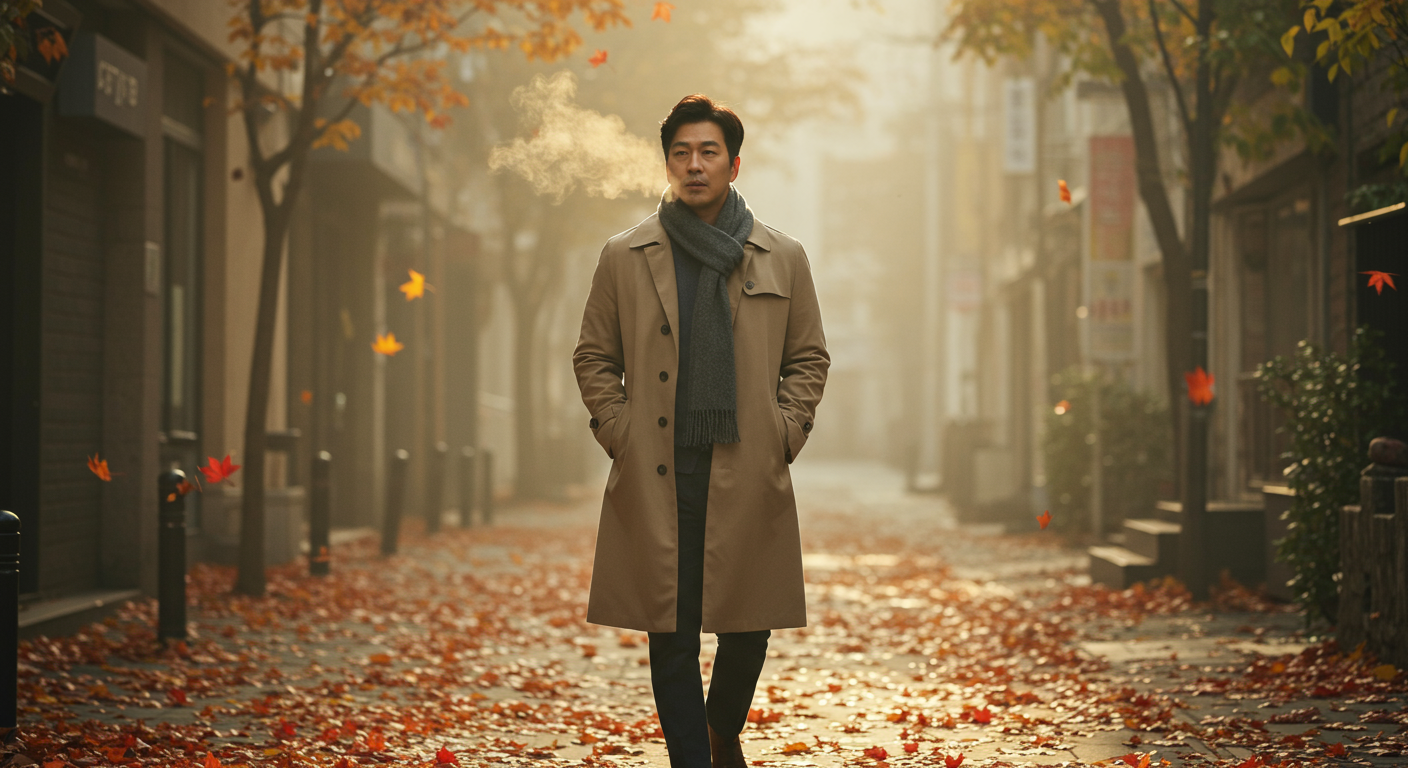 추운 아침 거리를 트렌치코트와 목도리를 두르고 걷는 남성의 모습