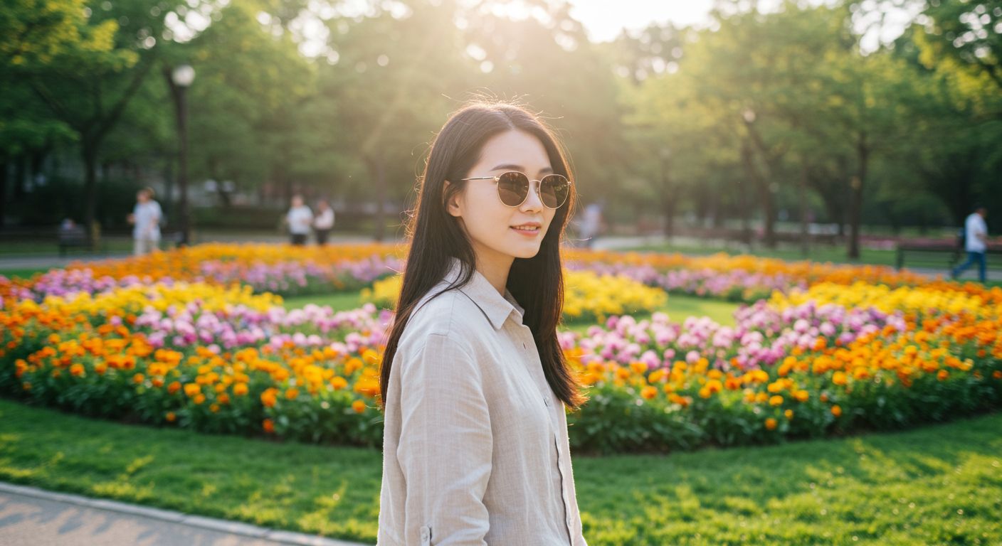 린넨 셔츠와 선글라스를 착용하고 꽃이 핀 공원을 걷는 젊은 여성