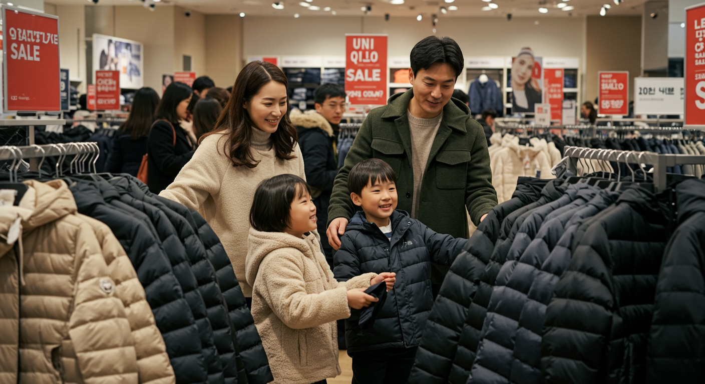 유니클로 겨울 감사제 행사에서 가족이 따뜻한 겨울 의류를 쇼핑하는 모습