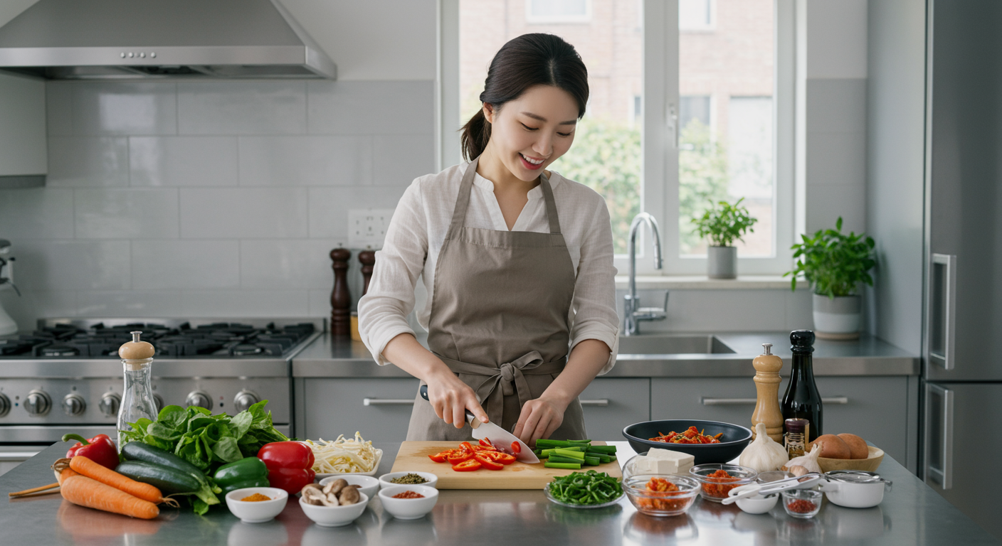 현대식 주방에서 재료를 준비하는 여성의 모습
