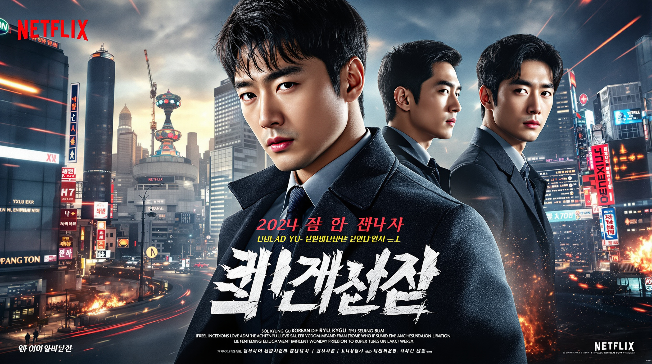 설경구, 홍경, 류승범이 출연한 한국 영화 포스터와 도시 배경