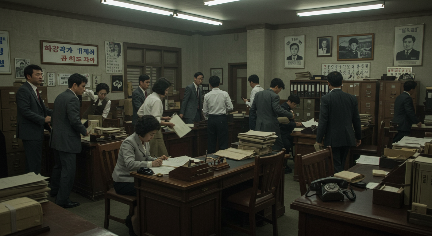 1970년대 한국 정부 청사의 활기찬 분위기와 시대적 세팅