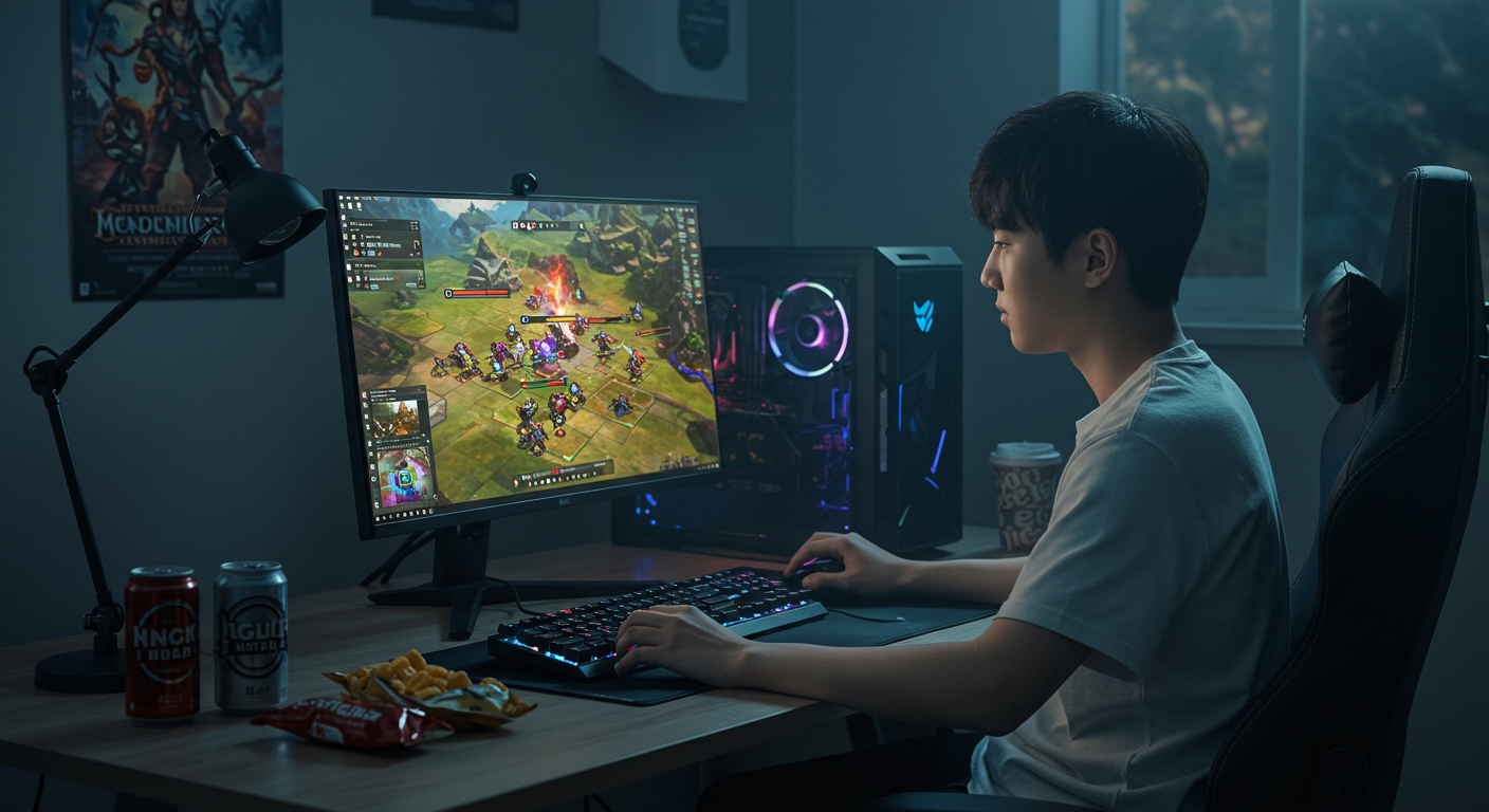 젊은 게이머가 컴퓨터 앞에서 전략 RPG 게임에 몰두하는 모습
