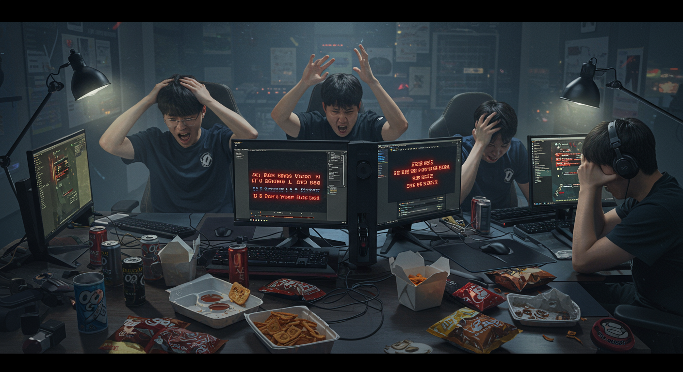 모니터에 나타난 게임 버그와 오류 메시지를 보고 좌절하는 게이머들