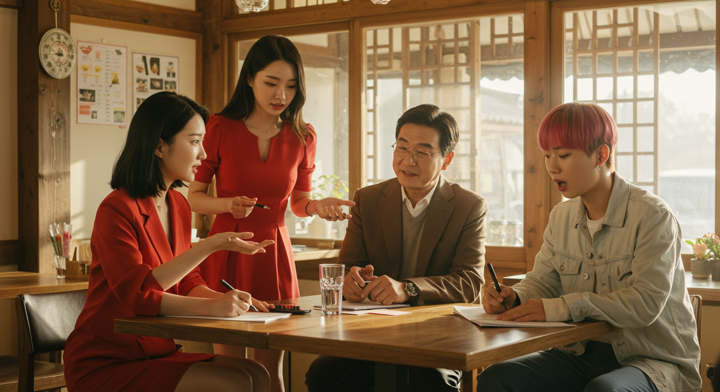 다양한 목표를 가진 세 인물이 카페에서 상호작용하는 복잡한 관계