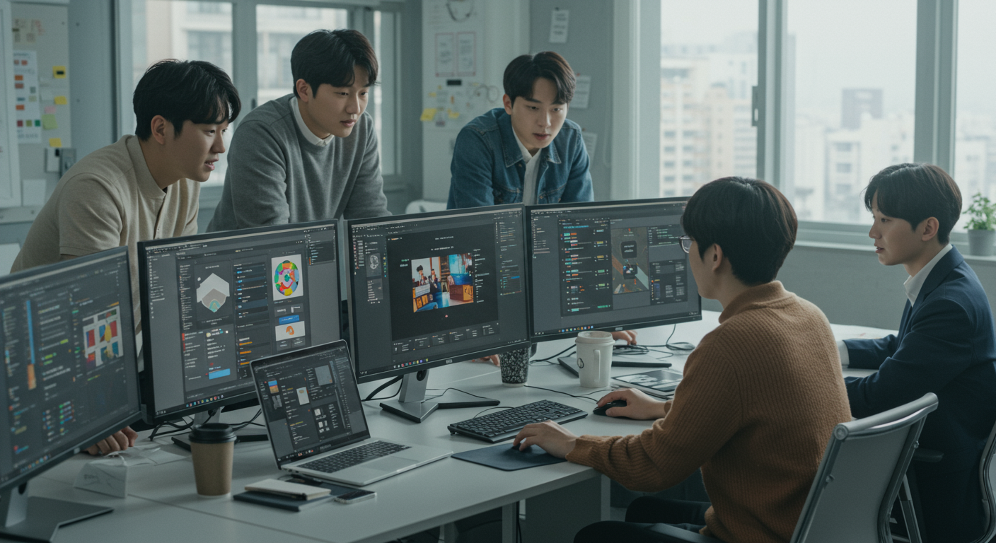한국 디자이너들이 컴퓨터 화면에 디자인 테마를 논의하는 현대적인 디지털 작업 공간