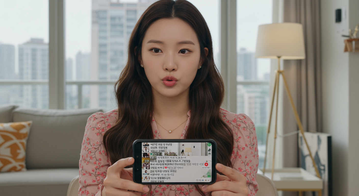 스마트폰 화면을 통해 팔로워들에게 실시간 영상 채팅으로 해명하는 한국 소셜 미디어 인플루언서