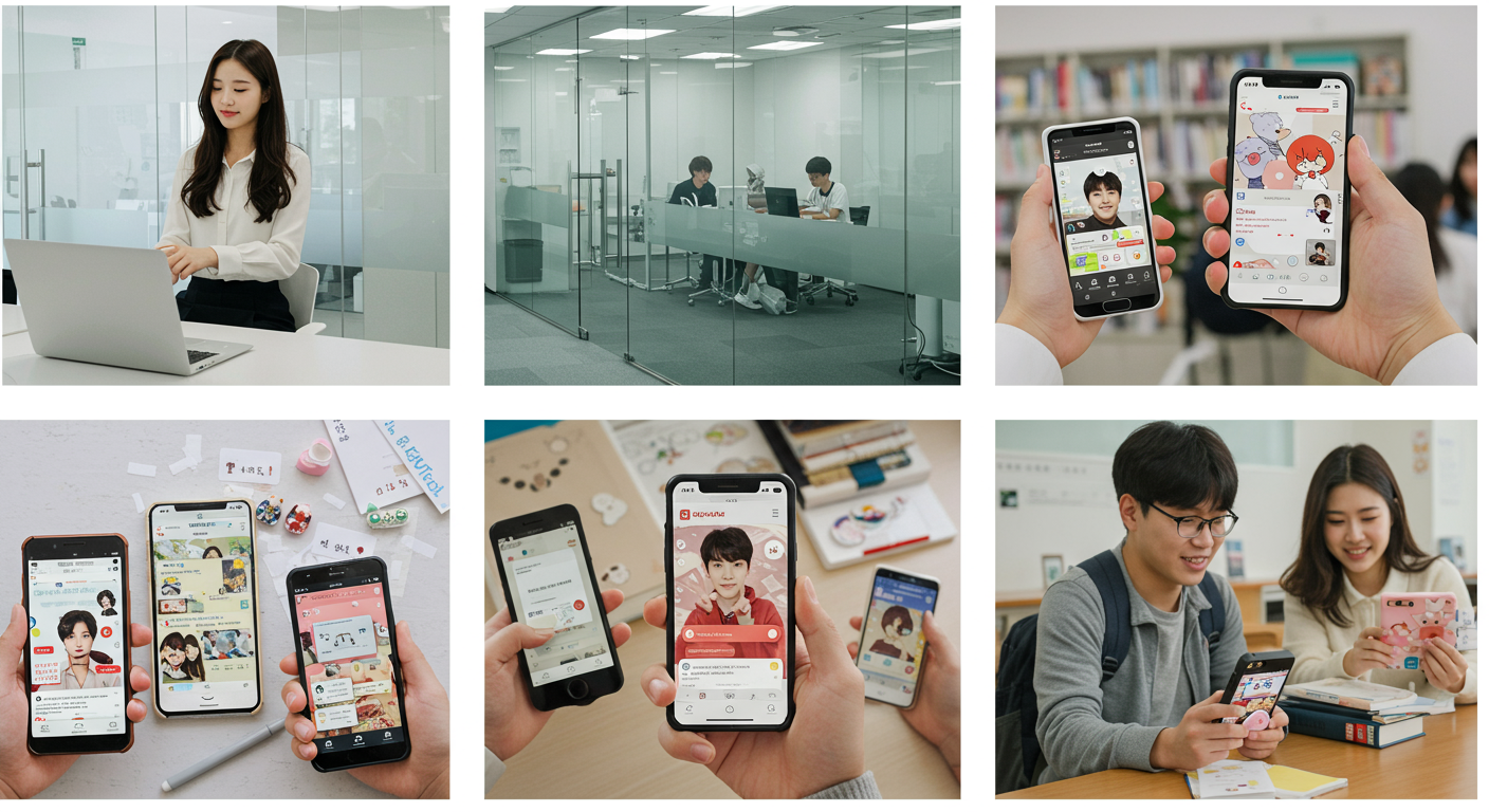 사무실과 학교에서 각자의 취향에 맞춘 카카오톡 테마를 사용하는 젊은 사람들