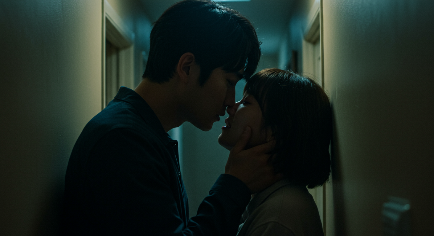 아파트 복도에서 키스를 나누며 사랑과 취약성을 표현하는 한국 커플