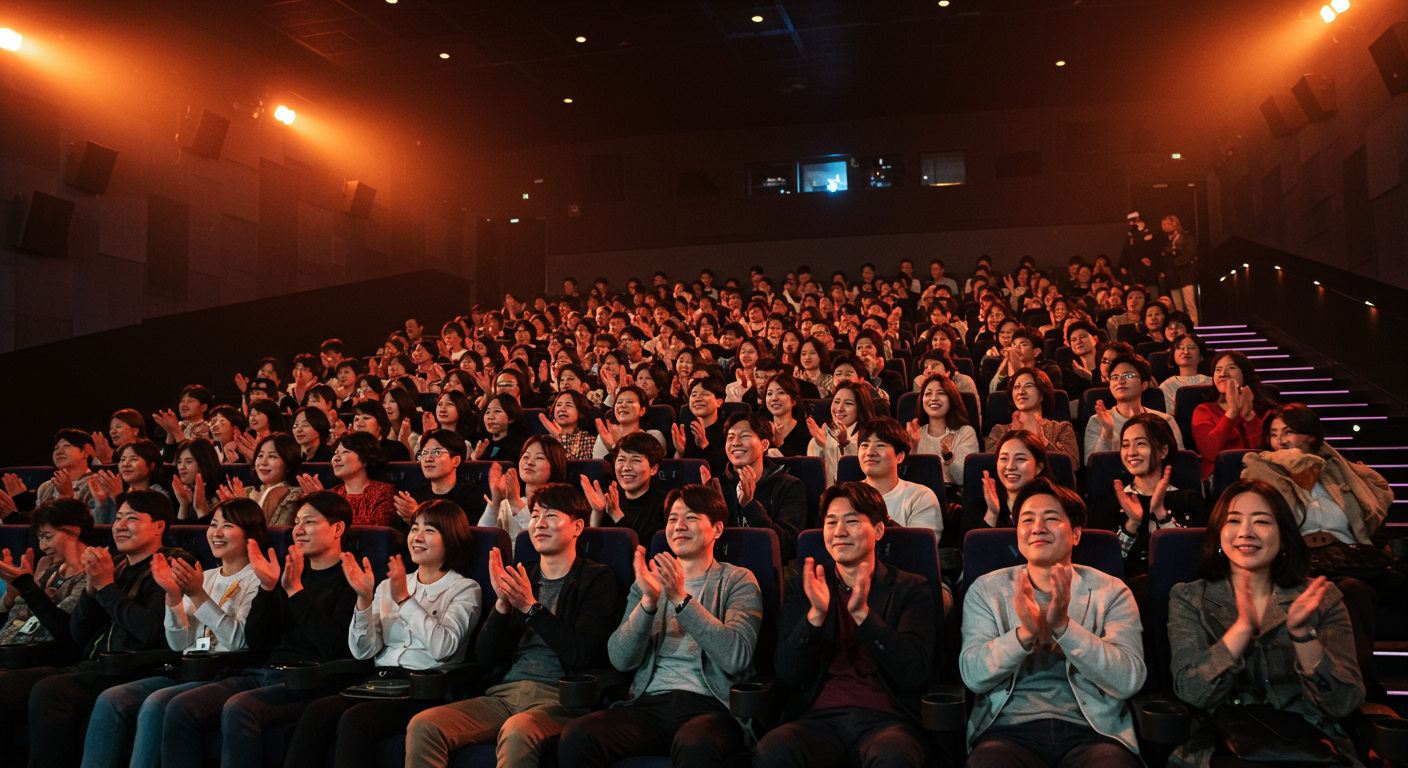성공적인 영화 상영회에서 박수를 보내는 관객들, 문화적 영향력 반영