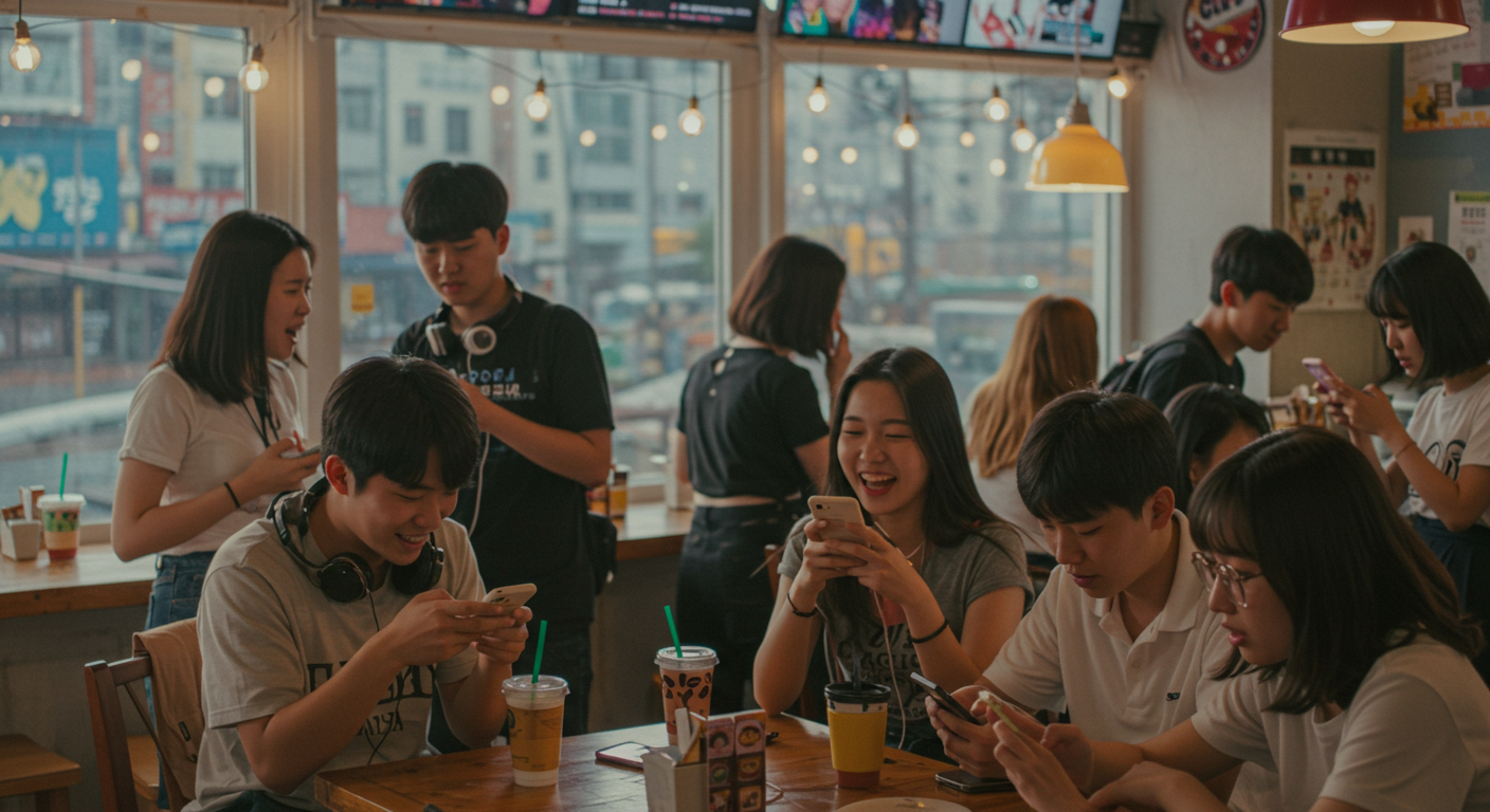 서울 카페에서 스마트폰을 들고 '오리 꽥꽥 병아리 삐약삐약' 밈을 즐기는 젊은이들