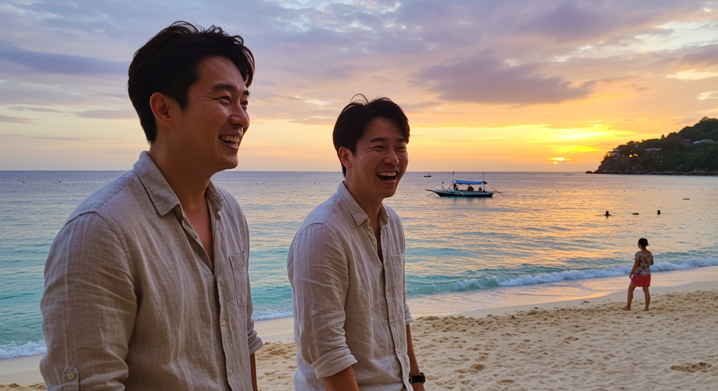 필리핀 보라카이 해변에서 친구와 함께 즐거운 시간을 보내는 남성