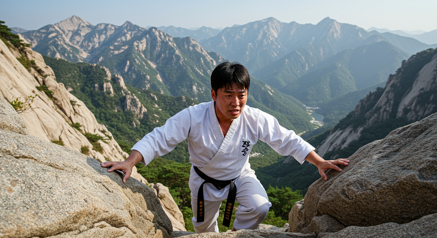 아름다운 산속 환경에서 수련 중 장애물에 맞서는 남성