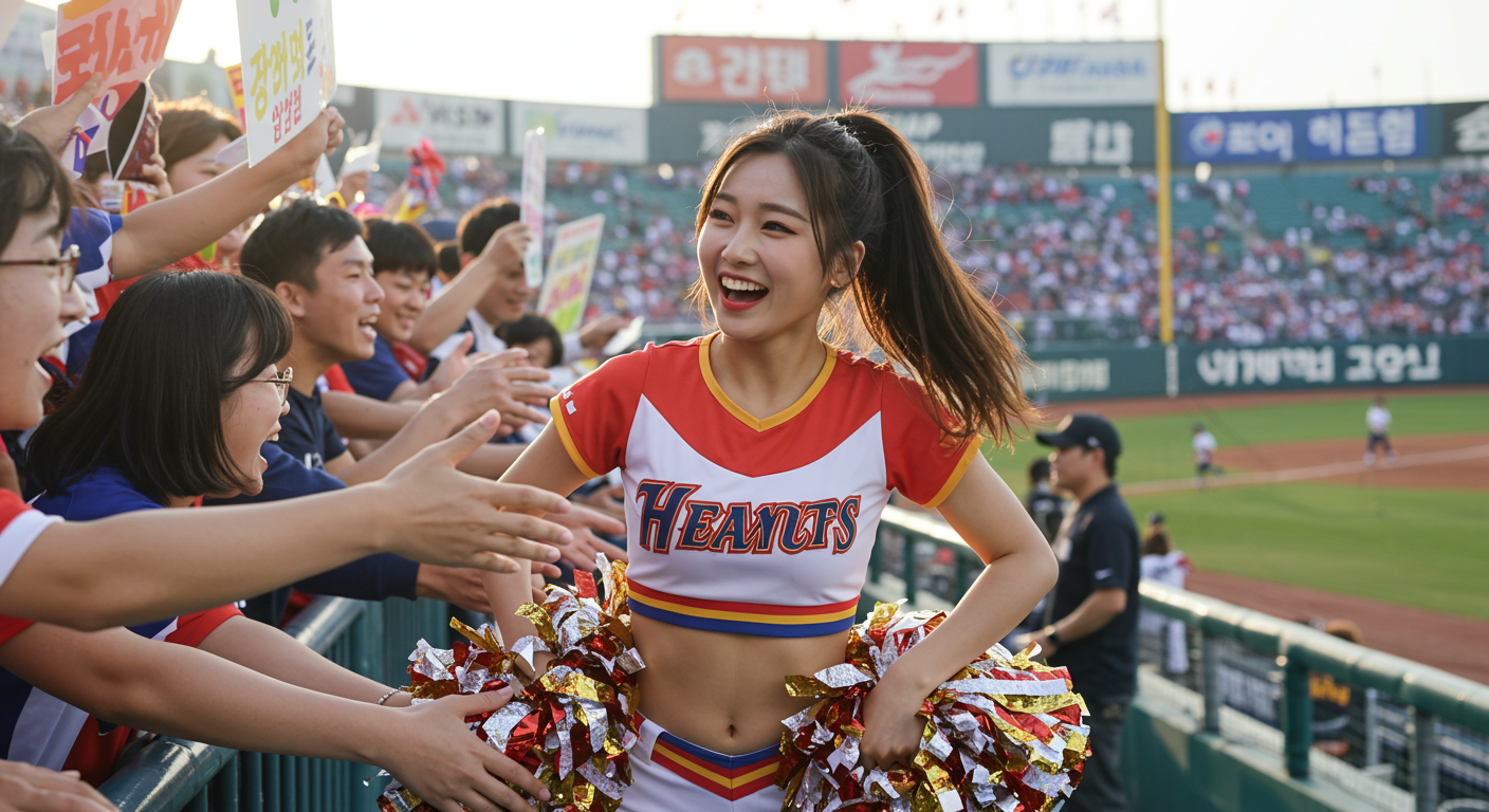 경기장에서 팬들과 교류하며 응원하는 치어리더