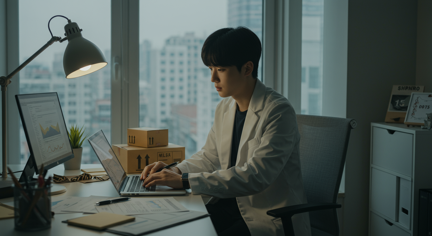 도시 아파트에서 컴퓨터로 택배비를 확인하는 직장인의 모습