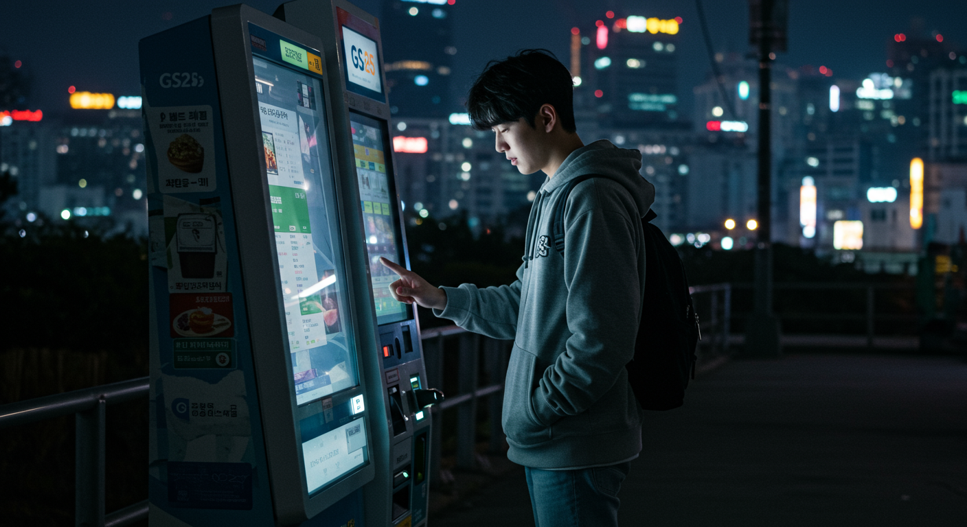 밤에 GS25 편의점 키오스크를 사용하는 바쁜 대학생