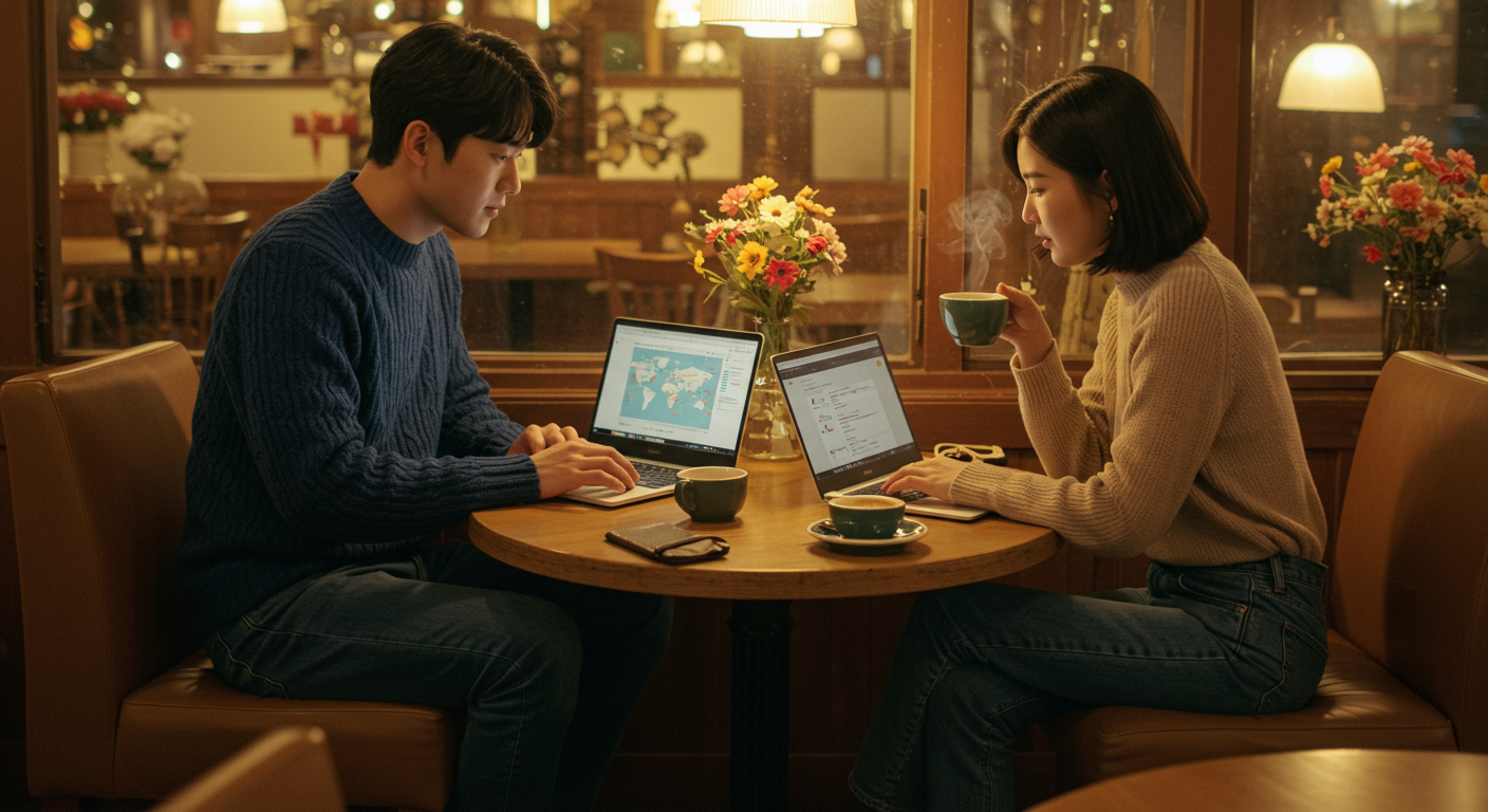 카페에서 노트북으로 배송 요금을 확인하는 한국인 커플