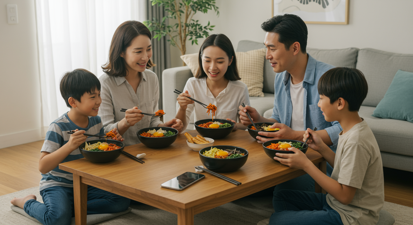 현대적인 한국 가족이 집에서 황등비빔밥을 즐기는 모습