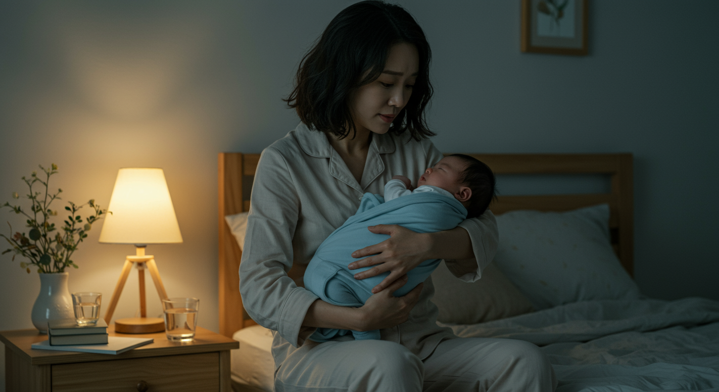 밤에 방에서 아기를 달래는 엄마의 모습