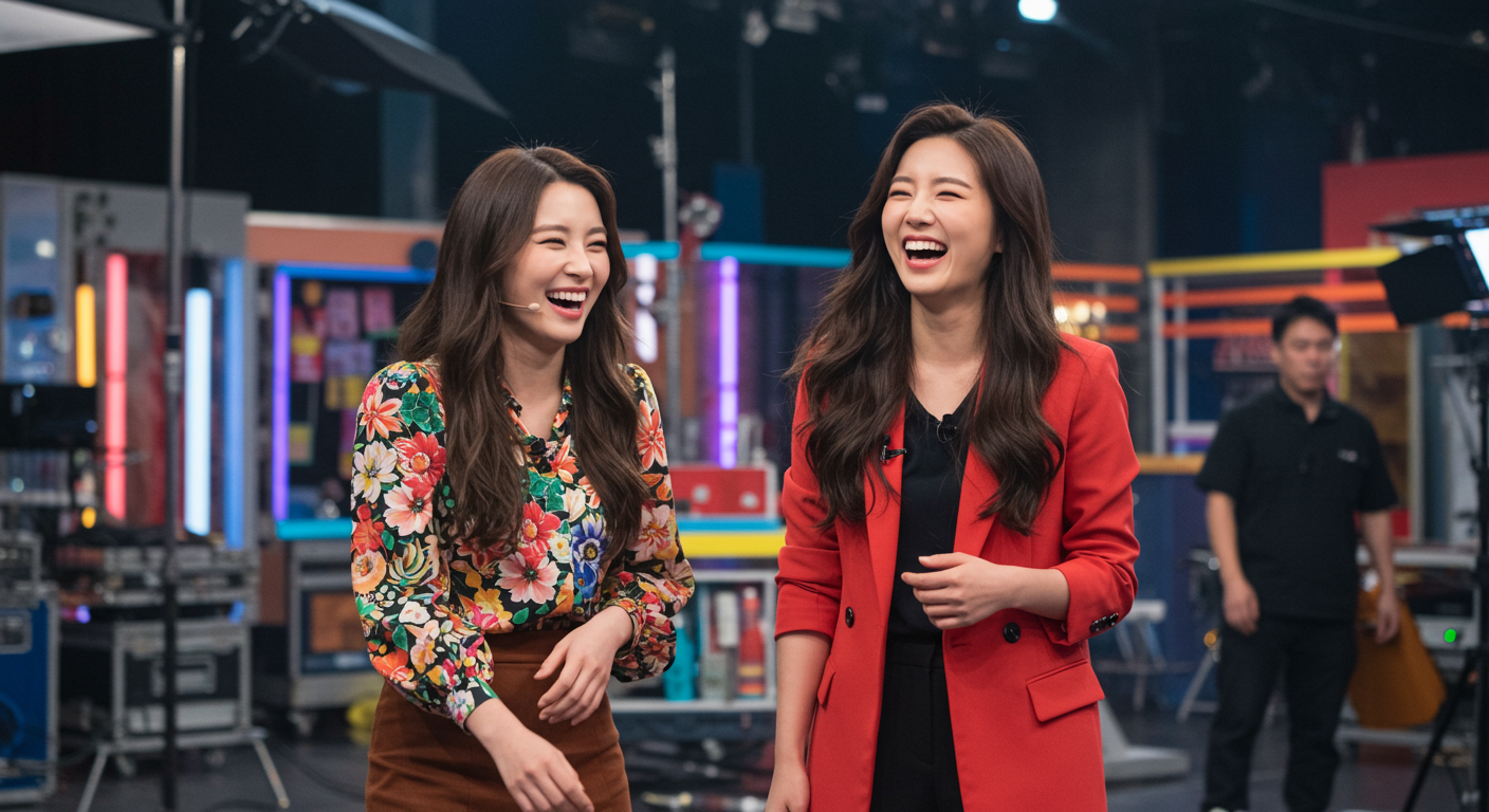 두 여성이 밝은 스튜디오에서 활기차게 웃고 있는 모습
