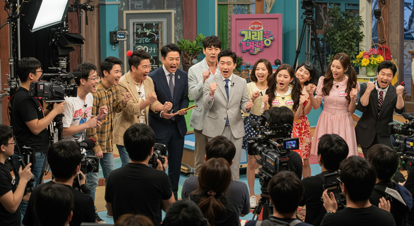 예능 프로그램 세트장에서 처음 만나는 두 MC의 모습