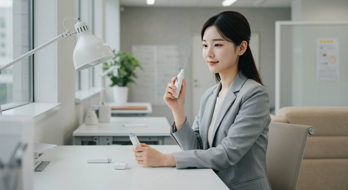 현대적인 사무실에서 금연 보조 제품을 사용하는 직장인의 모습