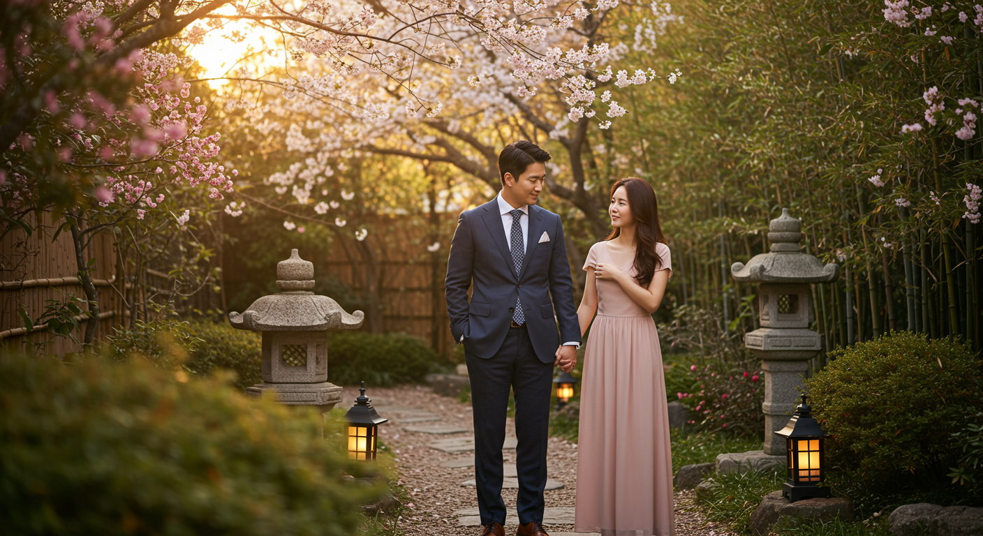 한국인 부부가 로맨틱한 분위기에서 결혼기념일을 축하하며 감동적인 순간을 보내는 모습