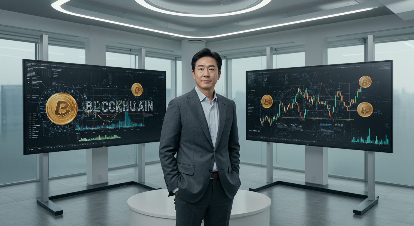 세련된 사무실에서 블록체인 그래프를 보며 기술 분야에서 영향력을 행사하는 사업가의 모습