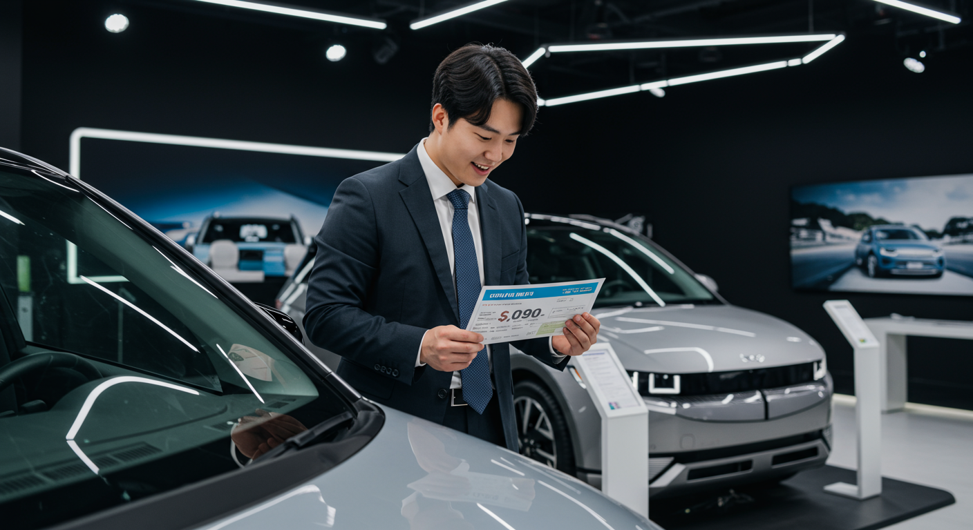 자동차 쇼룸에서 스타일리시한 한국 전기차의 가격표를 확인하는 젊은 직장인의 모습