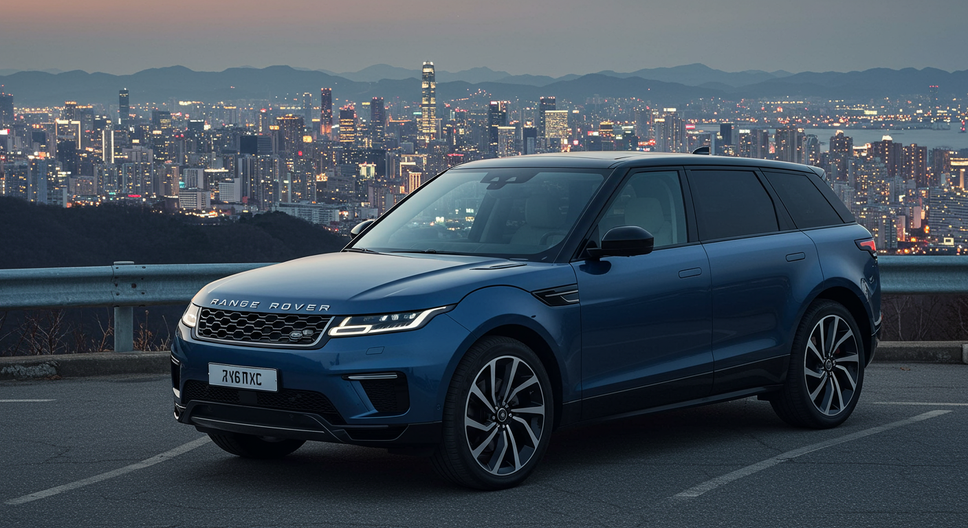 도시 스카이라인이 배경으로 보이는 세련된 전기 SUV