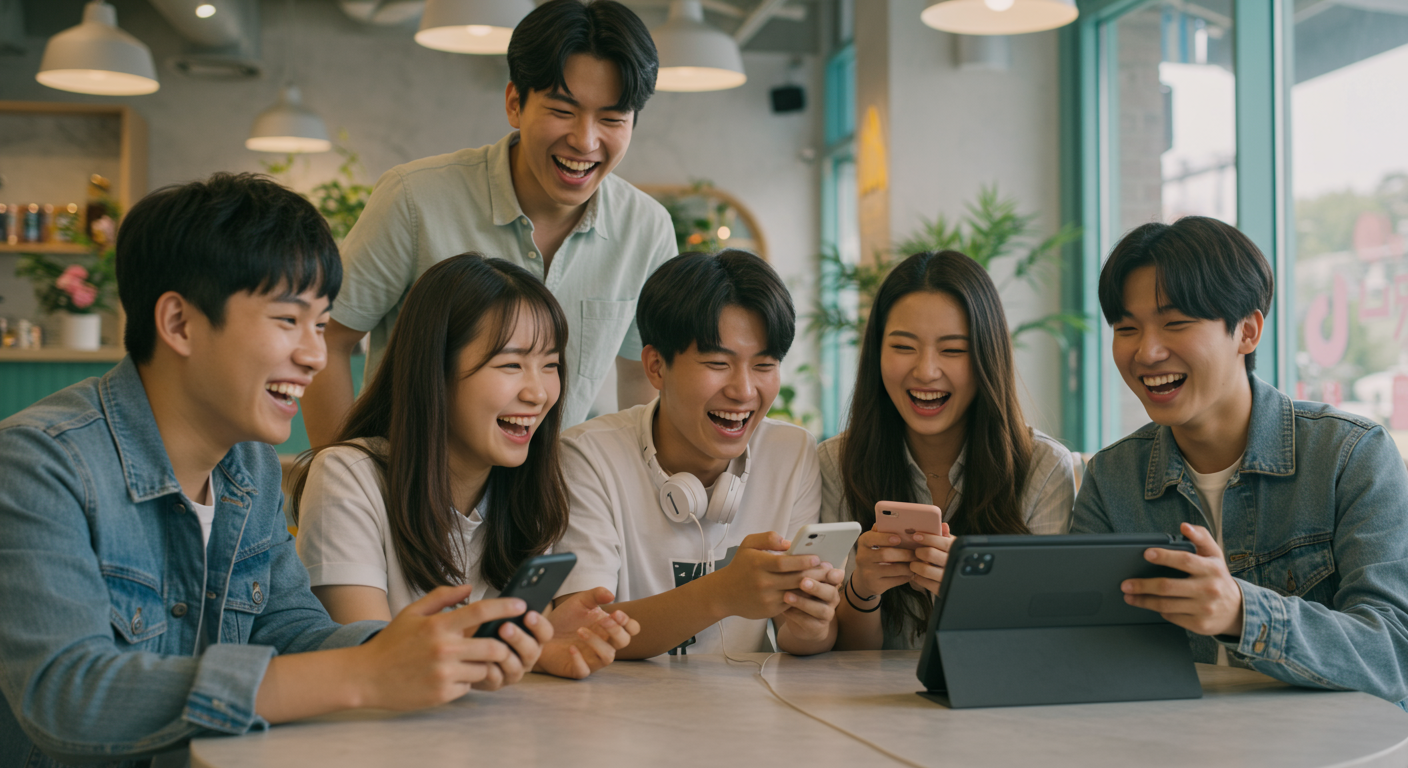 카페에서 스마트폰과 태블릿으로 SNS를 즐기며 웃고 있는 10대 청소년들