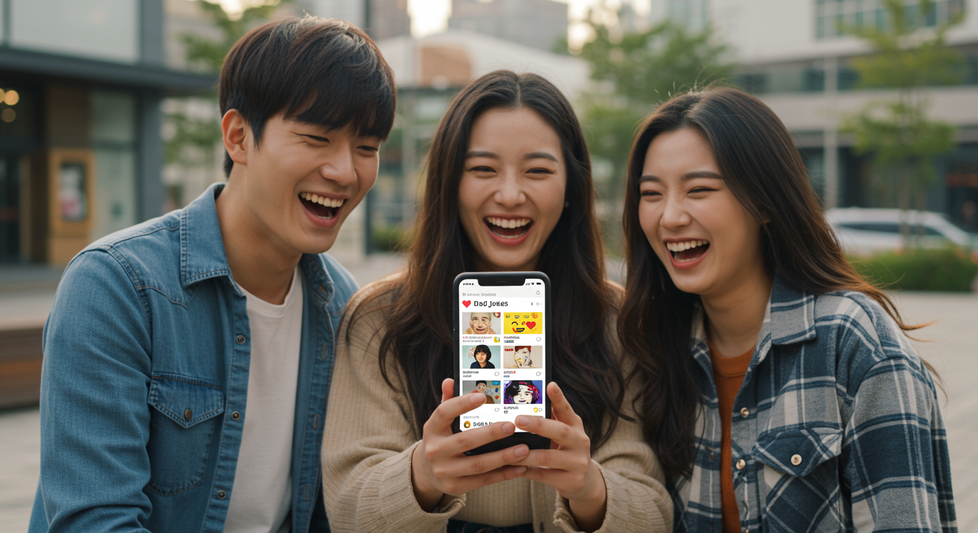 스마트폰 화면을 보며 웃고 있는 젊은이들, SNS 인터페이스가 보이는 도시적 배경