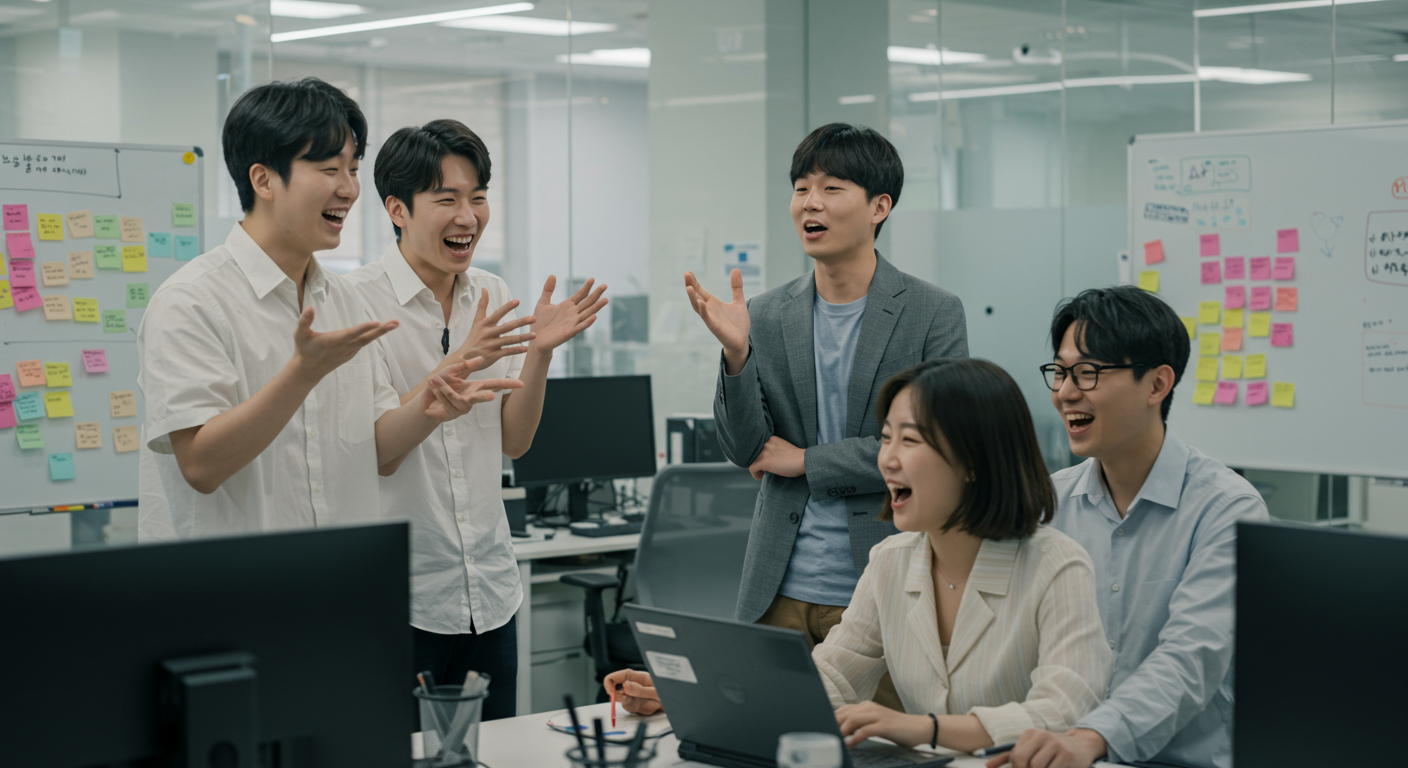 사무실에서 AI 및 기술 관련 농담을 주고받으며 웃고 있는 IT 전문가들