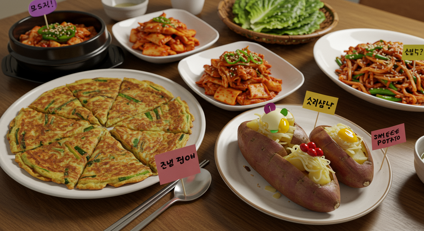 한국식 저녁 식탁에 유머러스한 라벨이 붙은 요리들