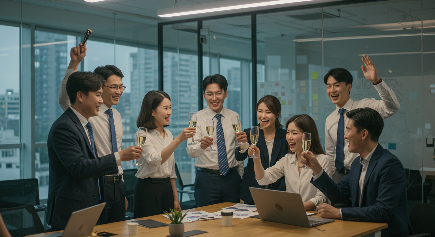 성공적인 재무 전략 실행 후 사무실에서 축하하는 한국 비즈니스맨들
